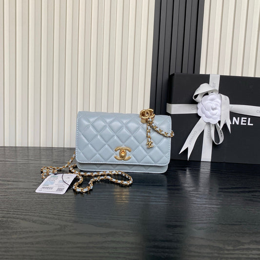 CHANEL 25S CHAIN WALLET 19 IN LIGHT BLUE LAMBSKIN GOLD HARDWARE