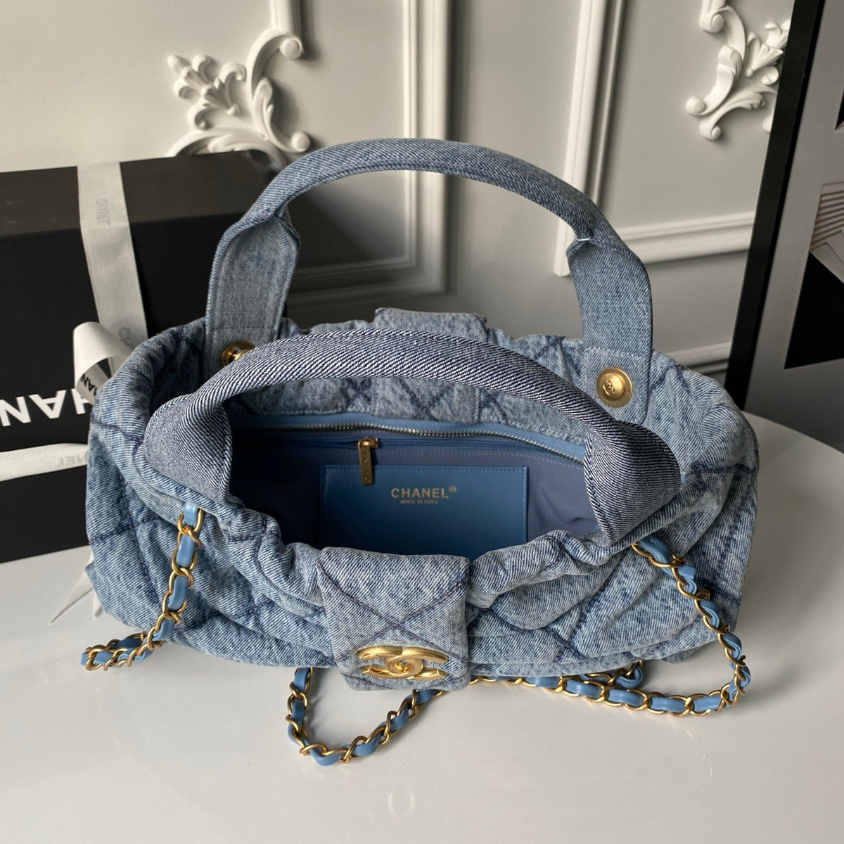 CHANEL 25S BOW BAG 38 IN DARK BLUE DENIM WITH GOLD HARDWARE