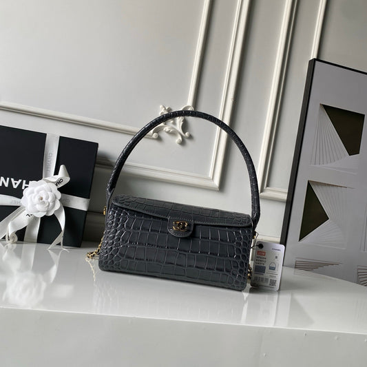 CHANEL 26S BARREL CLUTCH WITH CHAIN 23 IN DARK GREY CROCODILE-EMBOSSED CALFSKIN GOLD HARDWARE