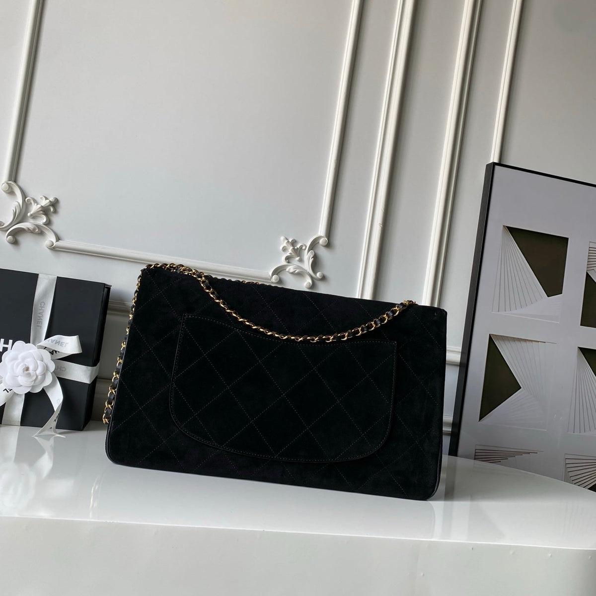 CHANEL 26S CLASSIC FLAP MEDIUM 39 IN BLACK QUILTED SUEDE AND CALFSKIN GOLD HARDWARE