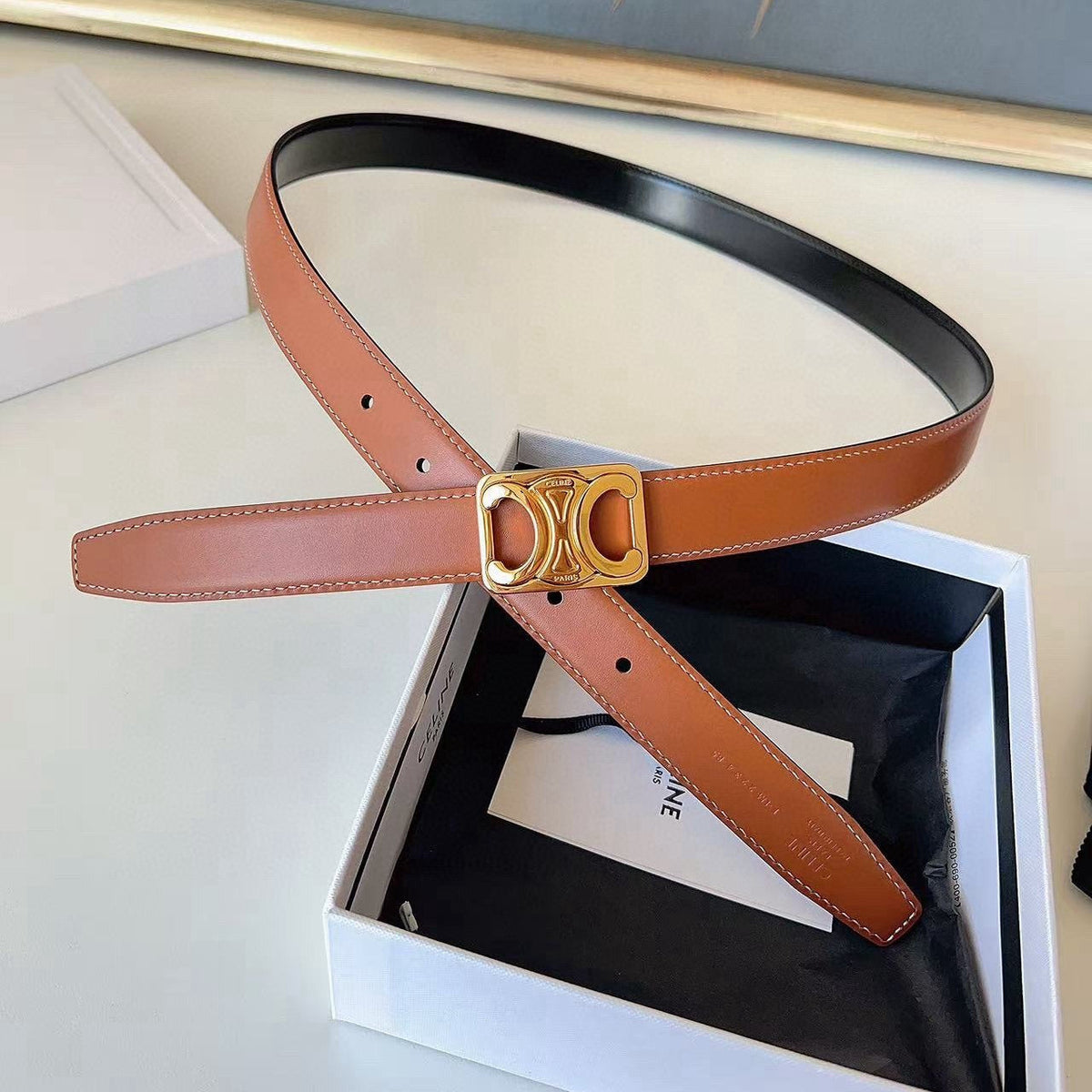 CELINE 26S BELT 25 MM IN BLACK AND BROWN CALFSKIN 636401