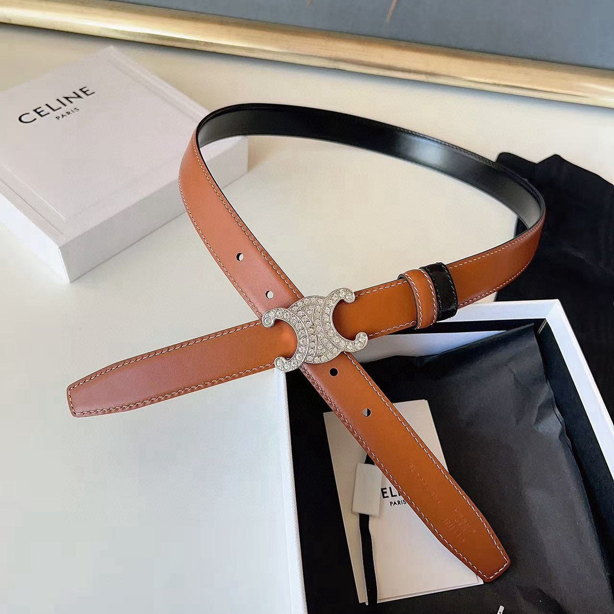 CELINE 26S BELT 25 MM IN BLACK AND BROWN CALFSKIN 636402 mysite