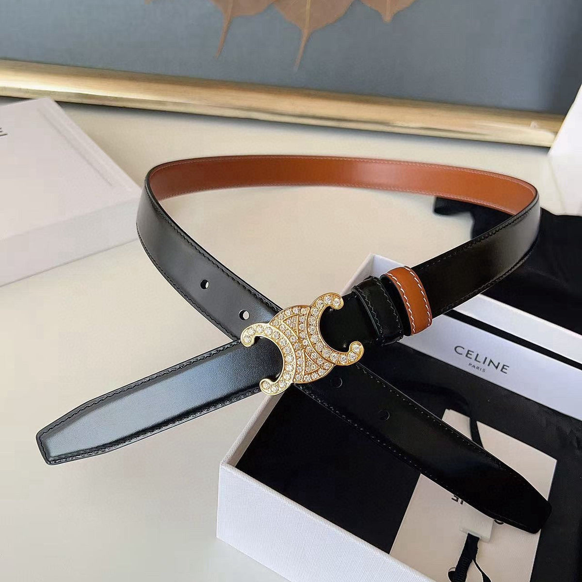 CELINE 26S BELT 25 MM IN BLACK AND BROWN CALFSKIN 636403 mysite