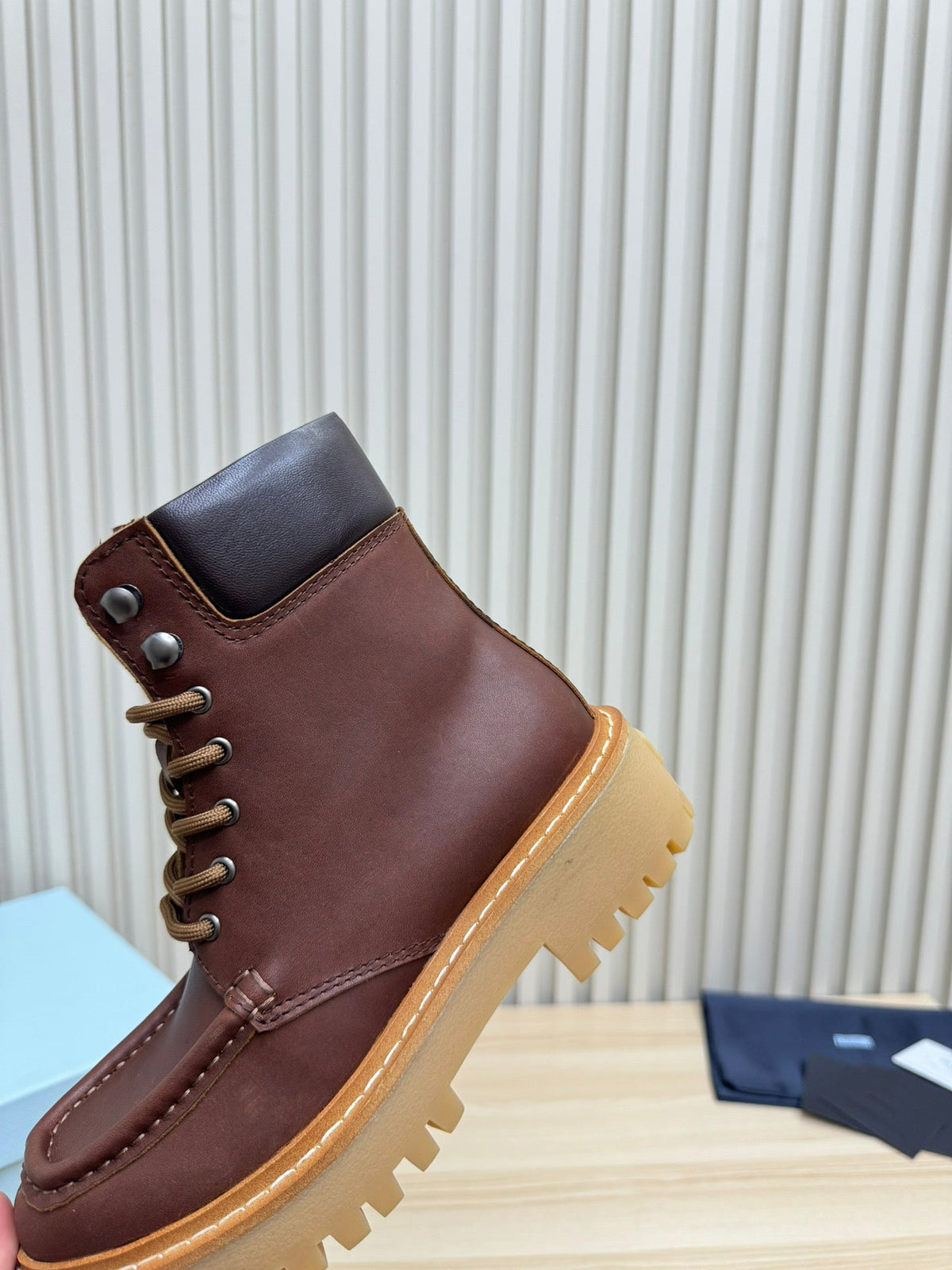 PRADA 25S LACE-UP ANKLE BOOTS IN DARK BROWN CALFSKIN