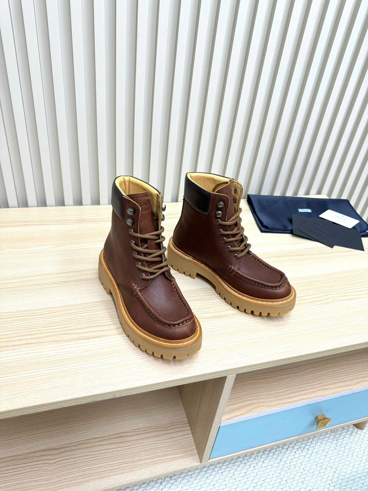 PRADA 25S LACE-UP ANKLE BOOTS IN DARK BROWN CALFSKIN