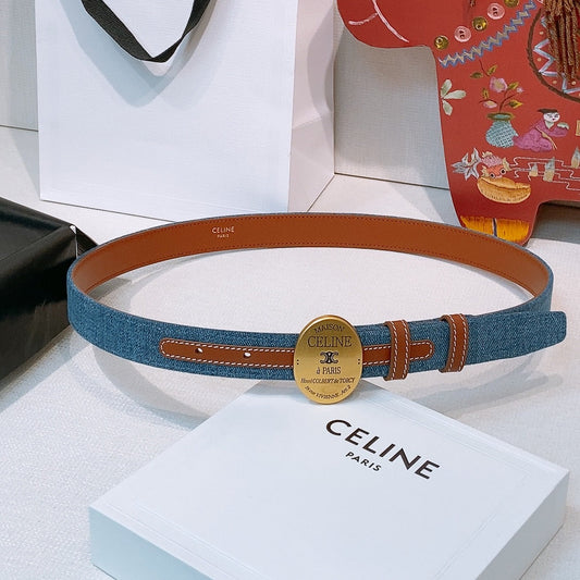 CELINE 26S BELT 25 MM IN BLUE DENIM AND BROWN CALFSKIN 631595 mysite