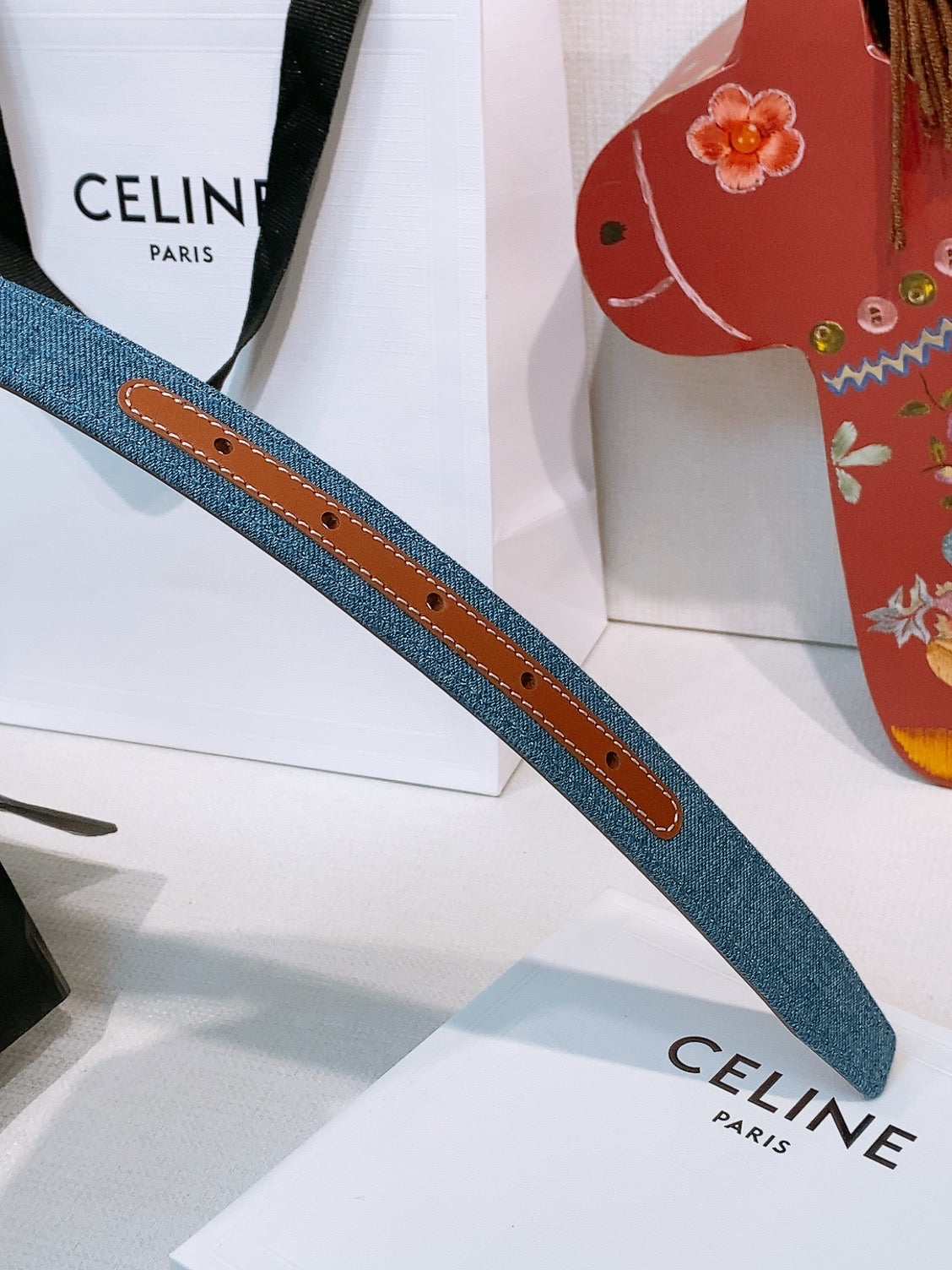 CELINE 26S BELT 25 MM IN BLUE DENIM AND BROWN CALFSKIN 631595 mysite