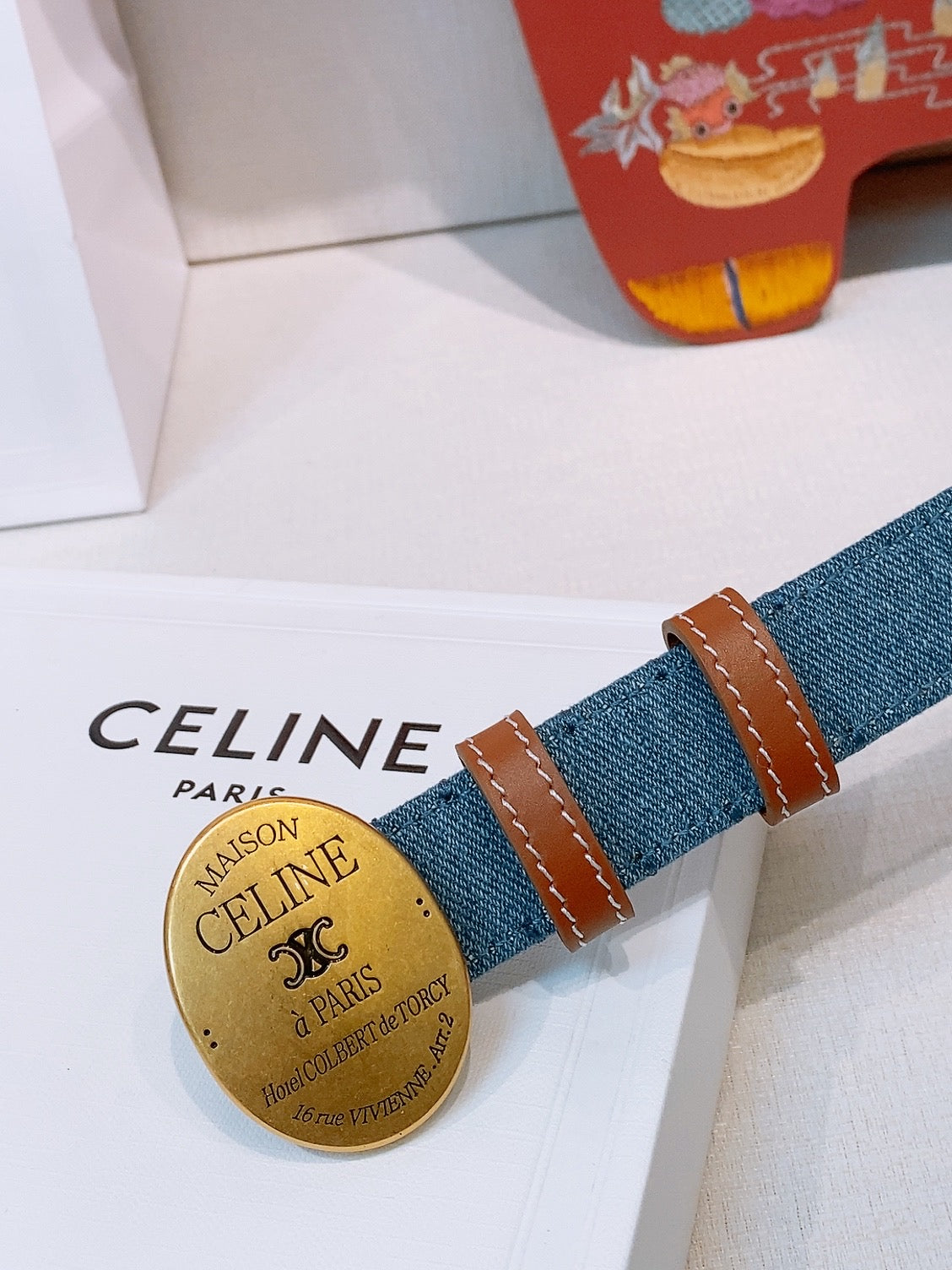 CELINE 26S BELT 25 MM IN BLUE DENIM AND BROWN CALFSKIN 631595 mysite