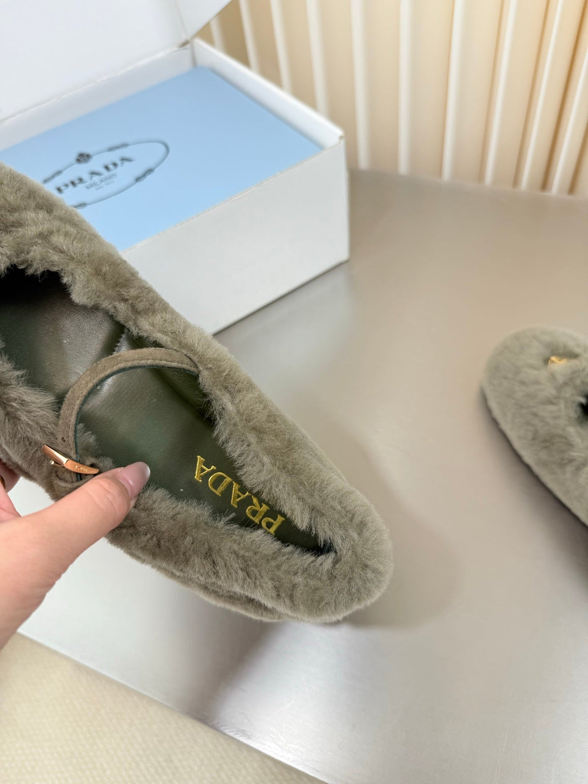 PRADA 26S MARY JANE BALLET IN TAUPE GREY SHEARLING