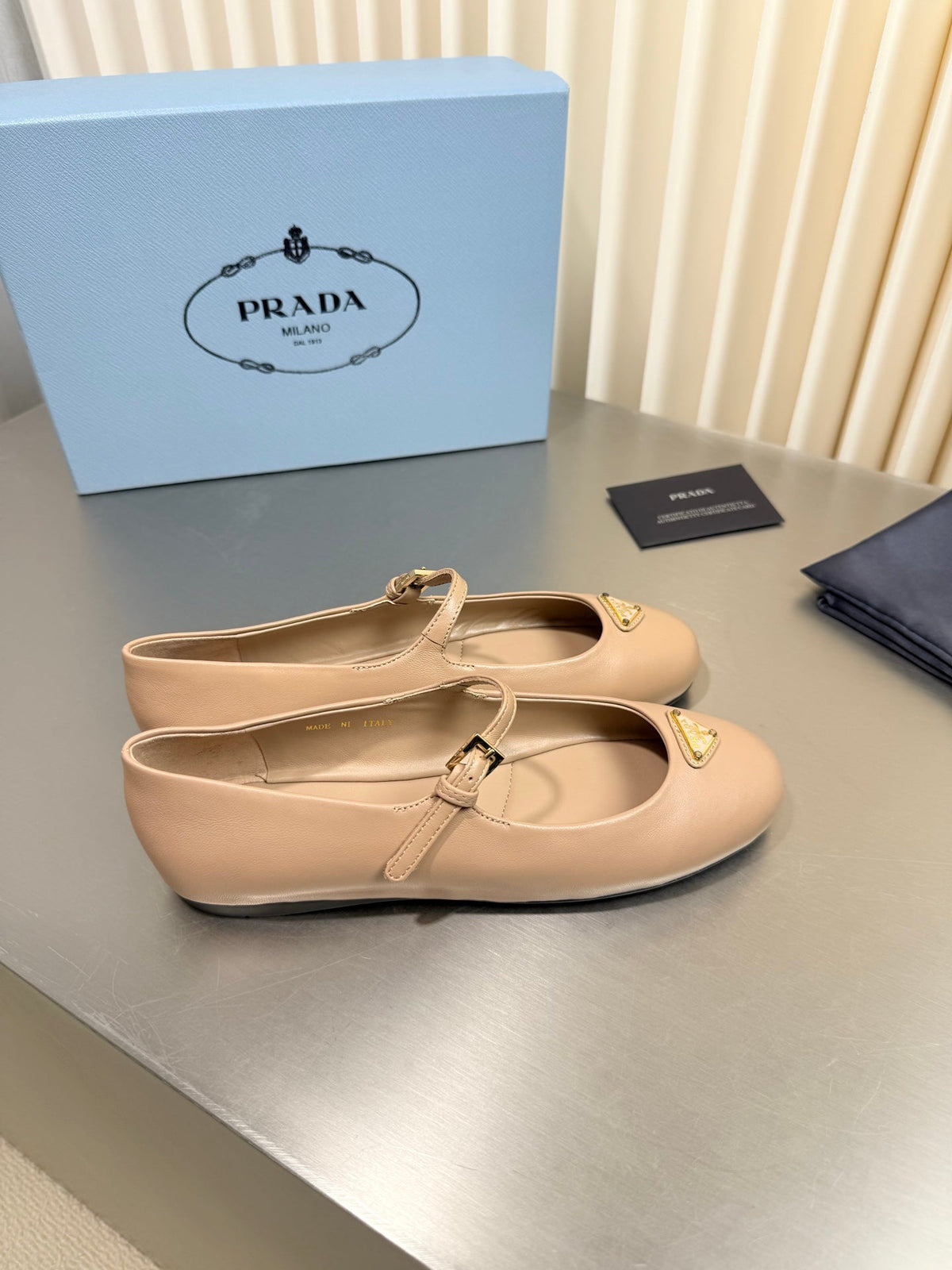 PRADA 26S MARY JANE FLATS IN BEIGE CALFSKIN