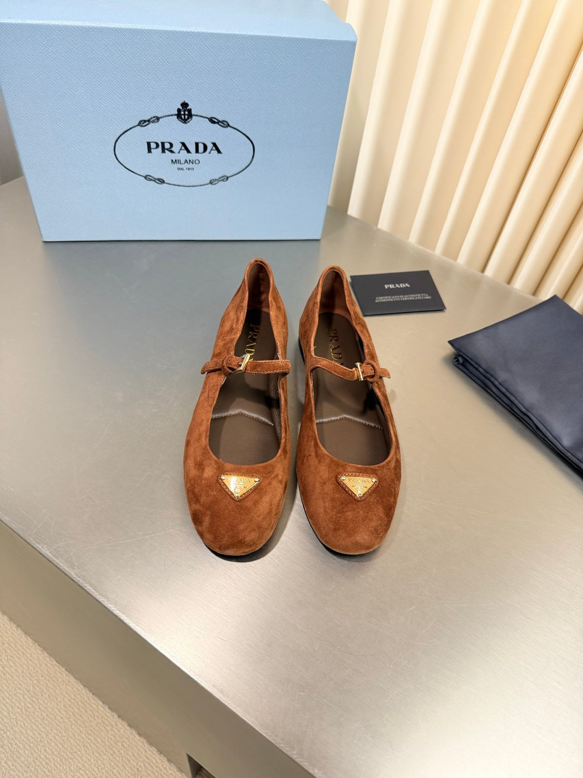 PRADA 26S MARY JANE FLATS IN COGNAC BROWN SUEDE
