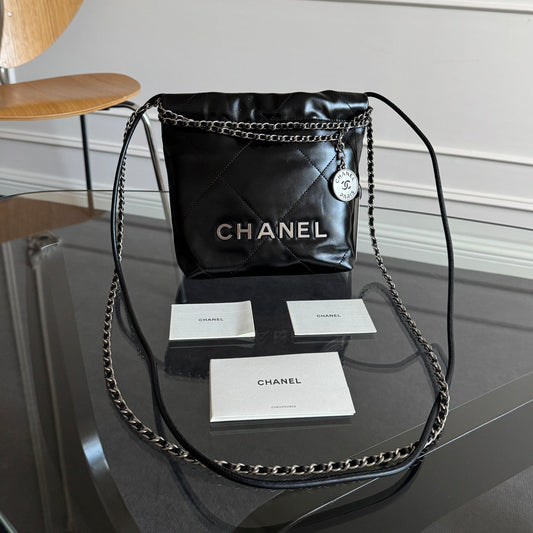 CC MINI HOBO HANDBAG 20 IN BLACK CALFSKIN SILVER-TONE HARDWARE