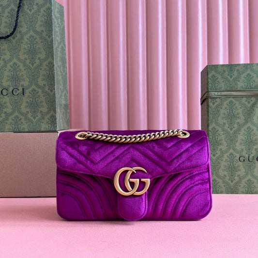GUCCI 25S GG MARMONT 26 CM IN DEEP PINK PURPLE VELVET WITH GOLD HARDWARE
