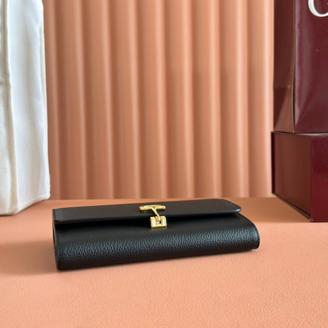 SOFTBIT CONTINENTAL WALLET 19 IN BLACK GRAINY CALFSKIN GOLD HARDWARE
