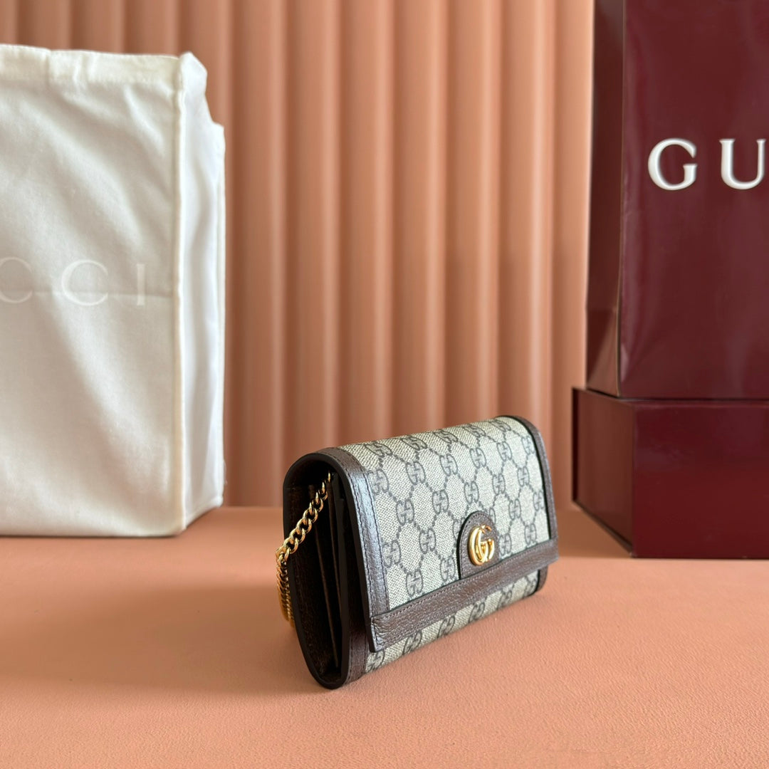 OPHIDIA WALLET ON CHAIN 19 IN BEIGE AND DARK BROWN COATED FABRIC AND CALFSKIN