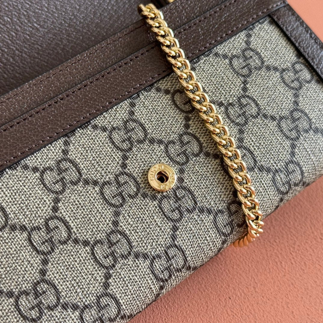 OPHIDIA WALLET ON CHAIN 19 IN BEIGE AND DARK BROWN COATED FABRIC AND CALFSKIN