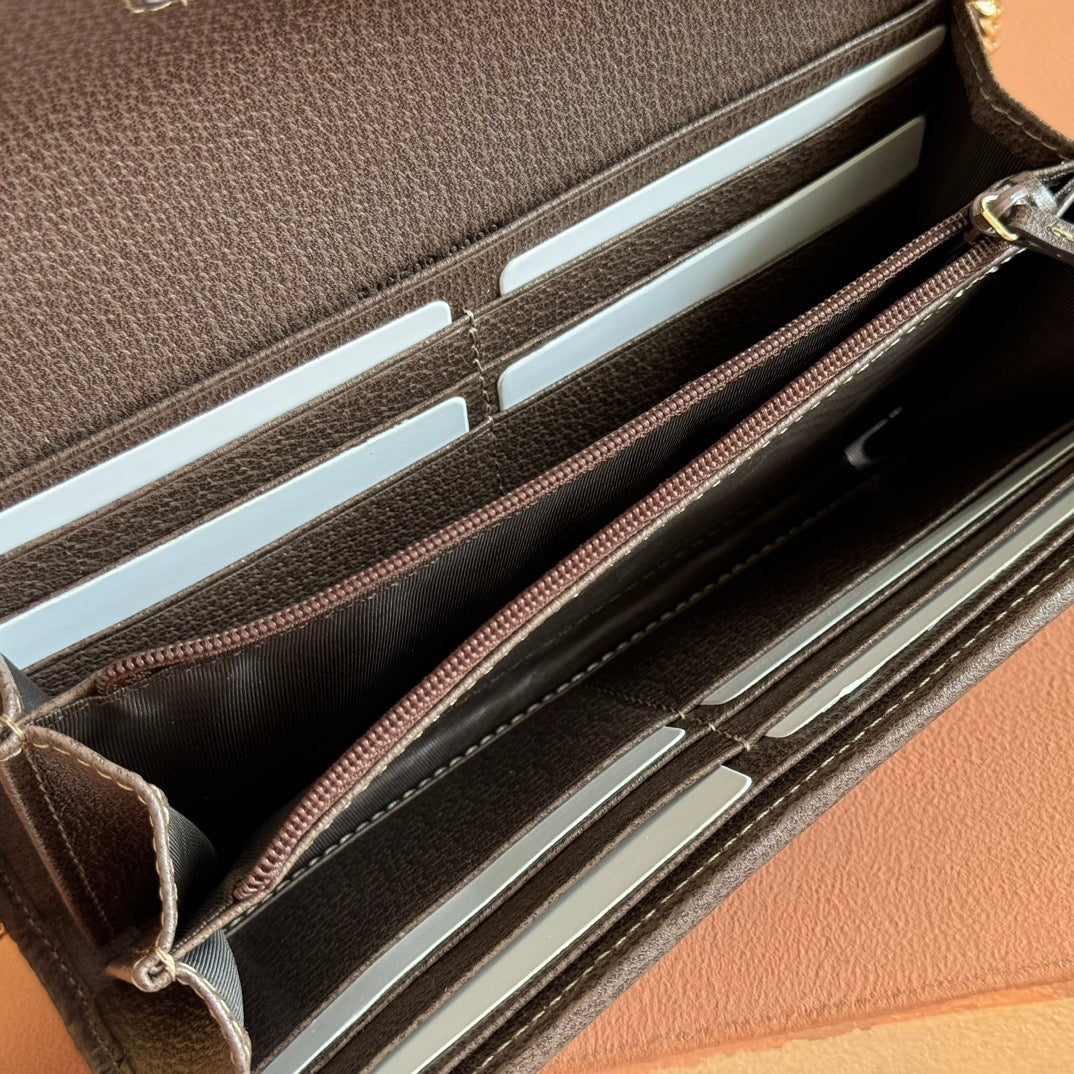 OPHIDIA WALLET ON CHAIN 19 IN BEIGE AND DARK BROWN COATED FABRIC AND BROWN CALFSKIN TRIM