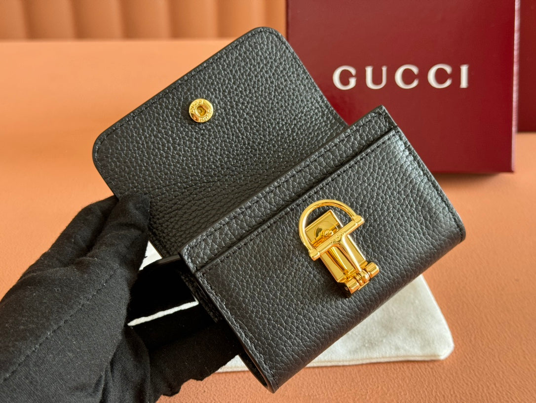 SOFTBIT CARD CASE 10.5 IN BLACK GRAINY CALFSKIN GOLD HARDWARE