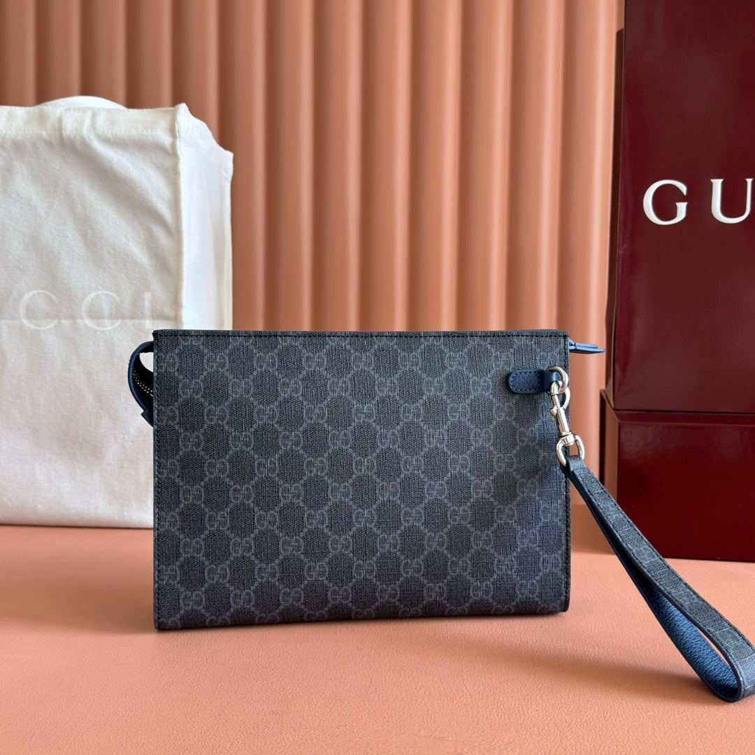 OPHIDIA POUCH 26 IN DARK GREY MONOGRAM CANVAS AND NAVY BLUE CALFSKIN TRIM