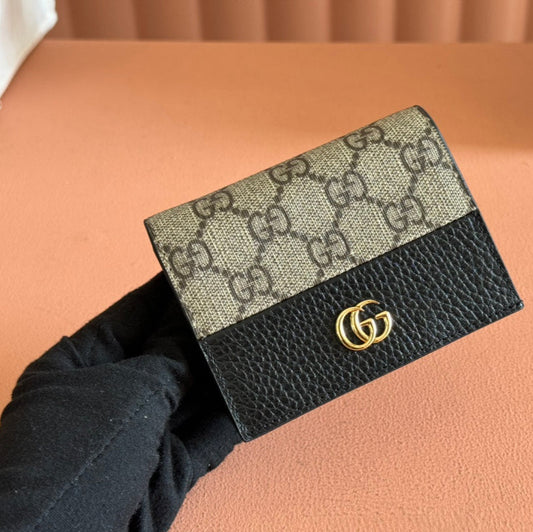 MARMONT BI-COLOUR CARD CASE WALLET 11 IN BEIGE EBONY GG CANVAS BLACK CALFSKIN
