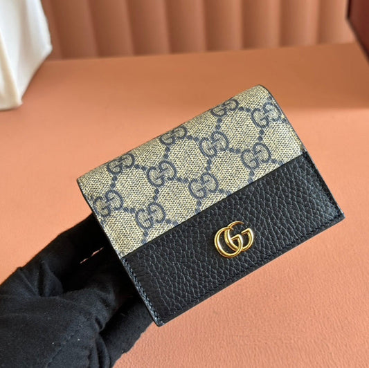 MARMONT BI-COLOUR CARD CASE WALLET 11 IN BLUE BEIGE EBONY GG CANVAS BLACK CALFSKIN