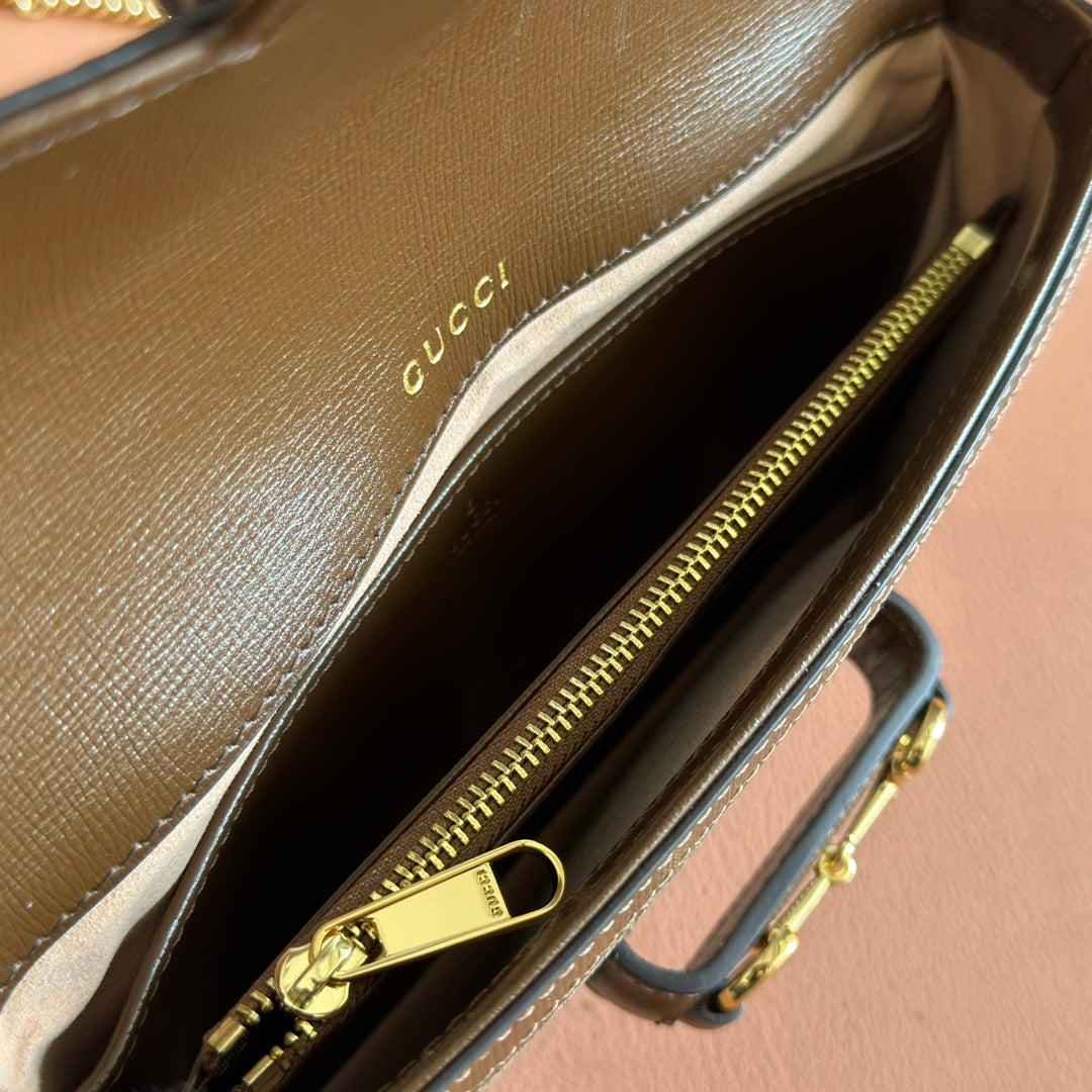 HORSEBIT 1955 SMALL 21.5 IN BEIGE EBONY GG SUPREME BROWN CALFSKIN GOLD HARDWARE