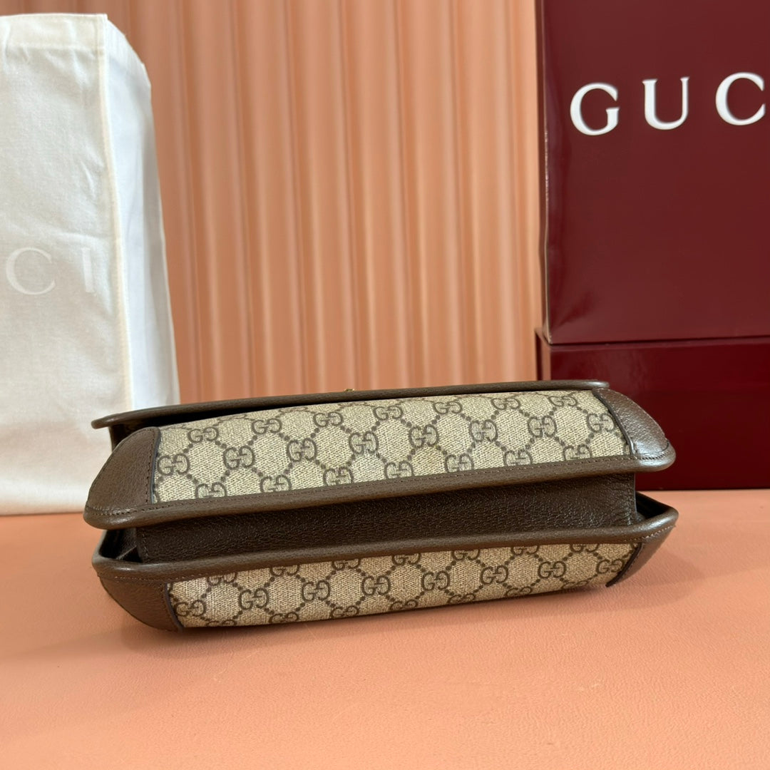 GUCCI NEO VINTAGE TIGER HEAD LARGE CROSSBODY BAG 30 IN CANVAS BROWN LEATHER TRIM