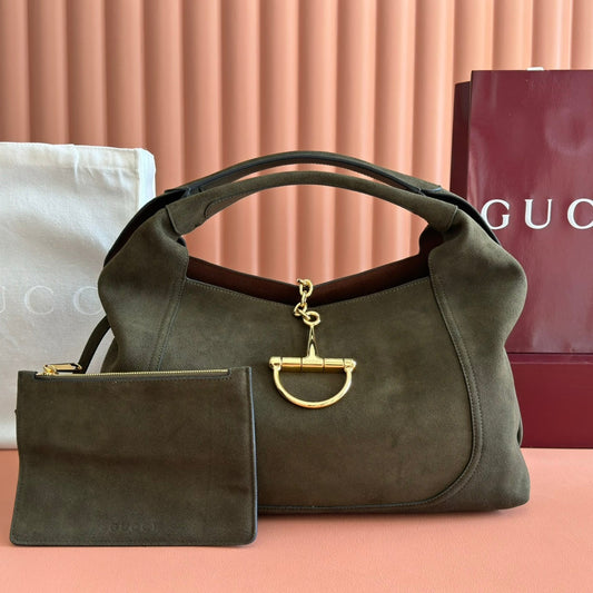 GUCCI 26S SOFTBIT SHOULDER BAG 46 IN DARK OLIVE GREEN SUEDE