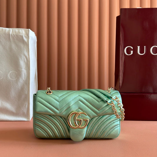 GUCCI 26S GG MARMONT BAG 26 IN METALLIC PALE GREEN LAMBSKIN