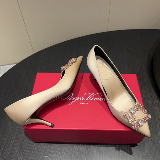 ROGER VIVIER 25S POINTED TOE HIGH HEELS 70MM IN NUDE SILK EMBELLISHED CRYSTALS