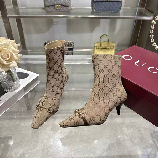 GUCCI 26S HORSEBIT ANKLE BOOTS 55 MM IN BEIGE GG CANVAS