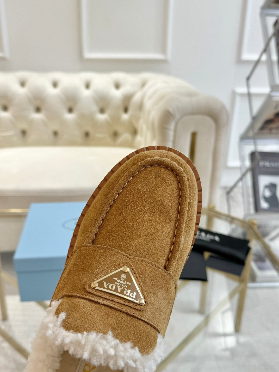 SUEDE LOAFER CAMEL WITH SHEARLING LINING