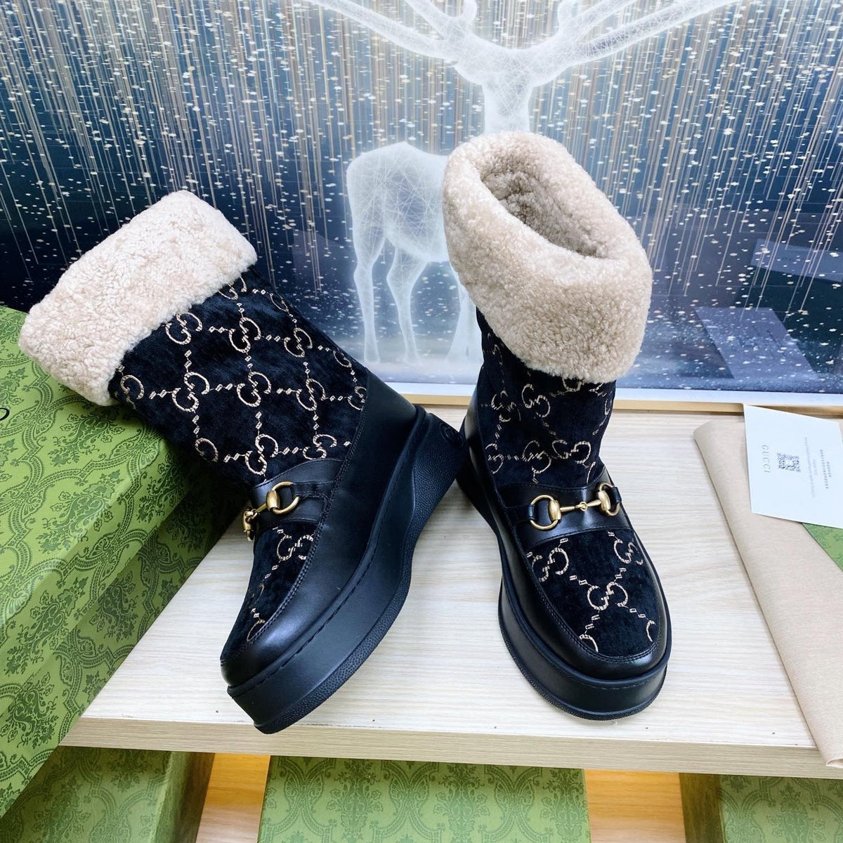 HORSEBIT ANKLE BOOTS WITH MERINO TRIM IN BLACK VELVET AND CALFSKIN