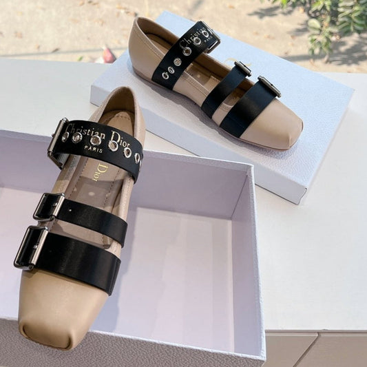 PUNK BALLET FLAT IN CAMEL BEIGE MIX BLACK SUPPLE CALFSKIN