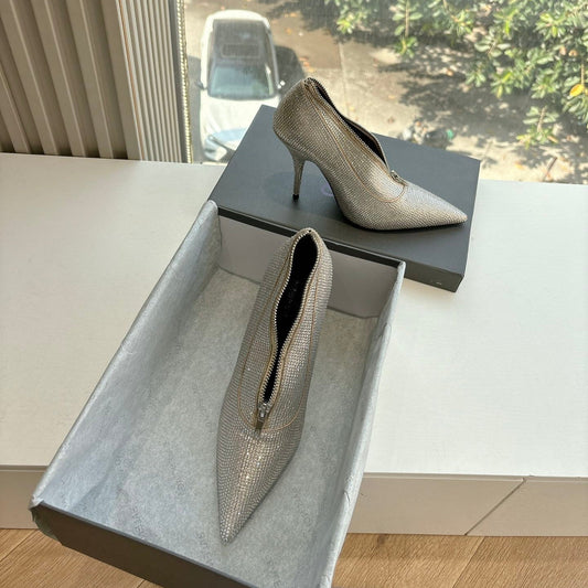 ZIPPER POINTED-TOE HIGH PUMPS IN BEIGE SUEDE ATTACHED SILVER CRYSTAL