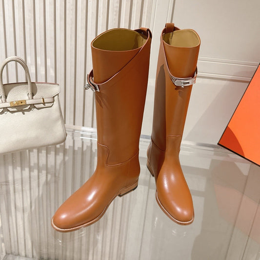 HM 26S TALL FLAT BOOTS IN COGNAC BROWN CALFSKIN