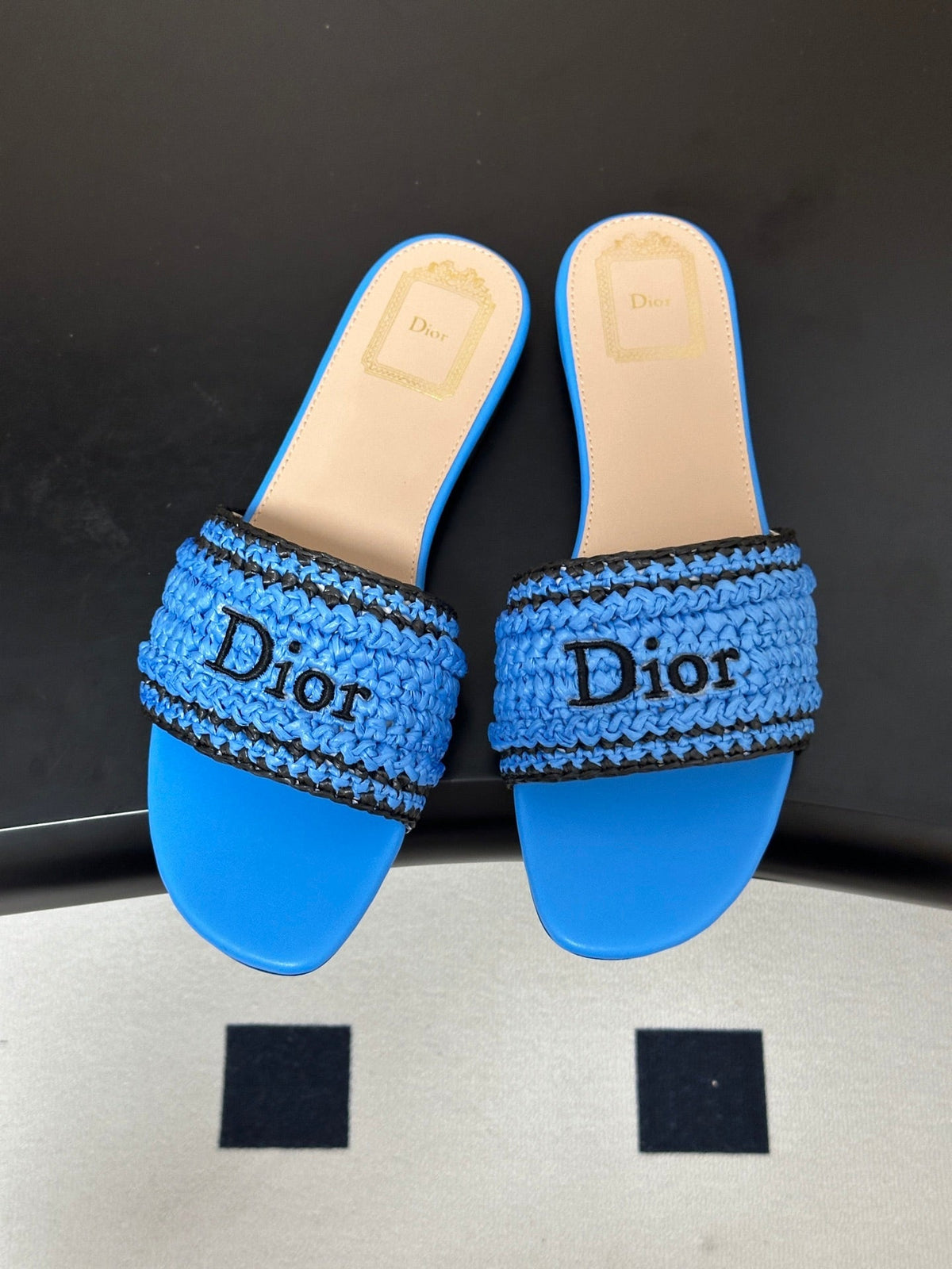 DIOR 26S FLAT SLIDE SANDALS IN BLUE RAFFIA