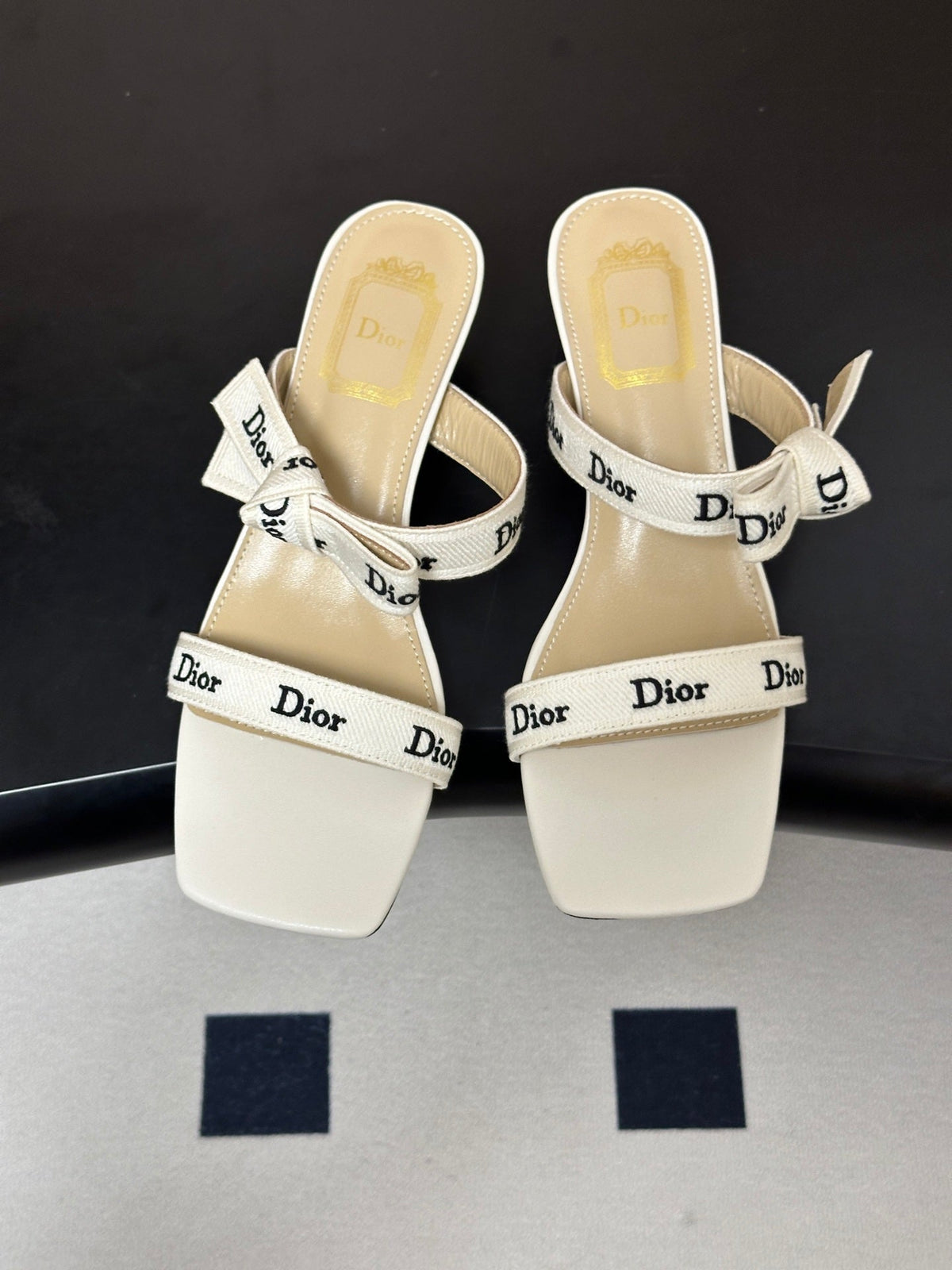 DIOR 26S J'ADIOR MULE SANDALS 35MM IN IVORY WHITE CALFSKIN WITH LOGO RIBBON