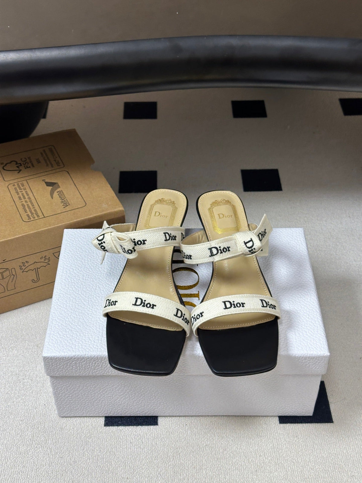 DIOR 26S J'ADIOR MULE SANDALS 35MM IN BLACK CALFSKIN WITH WHITE LOGO RIBBON