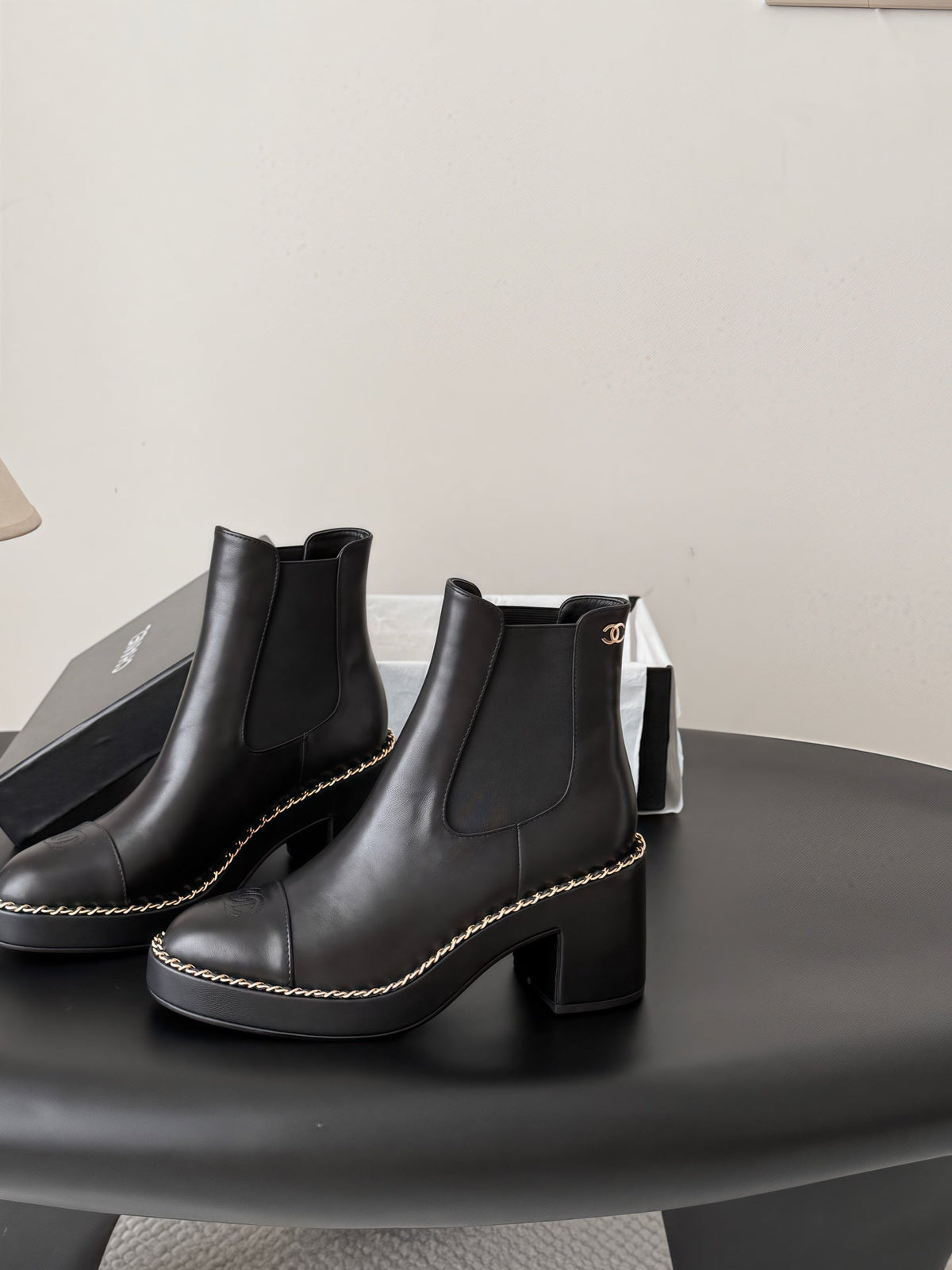 CHANEL 26S CHELSEA ANKLE BOOTS 70 MM IN BLACK CALFSKIN