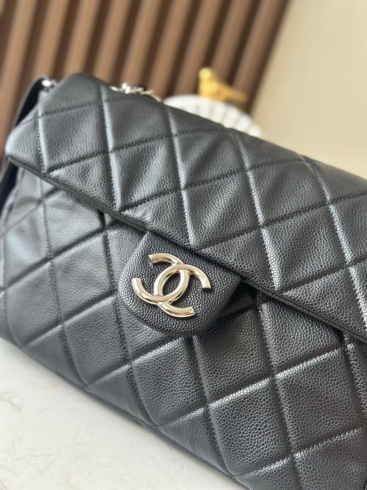 CHANEL 25S SHOULDER BAG 34 IN BLACK CAVIAR WITH SILVER HARDWARE