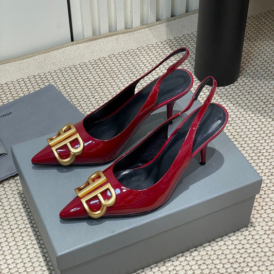POINTED BB GOLD BUCKLE HIGH SLINGBACK 80MM IN RED PATENT CALFSKIN