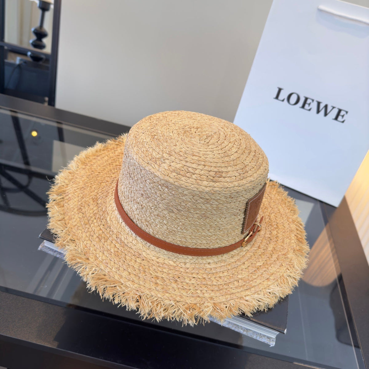 LOEWE 26S FRAYED BRIM RAFFIA BOATER HAT STYLE 188