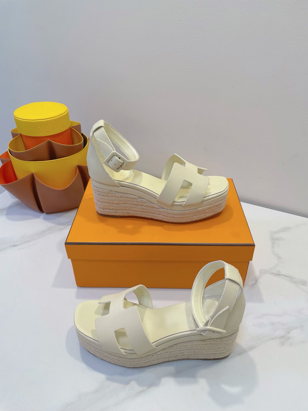 HM 26S ESPADRILLE WEDGE SANDALS IN CREAM WHITE CALFSKIN