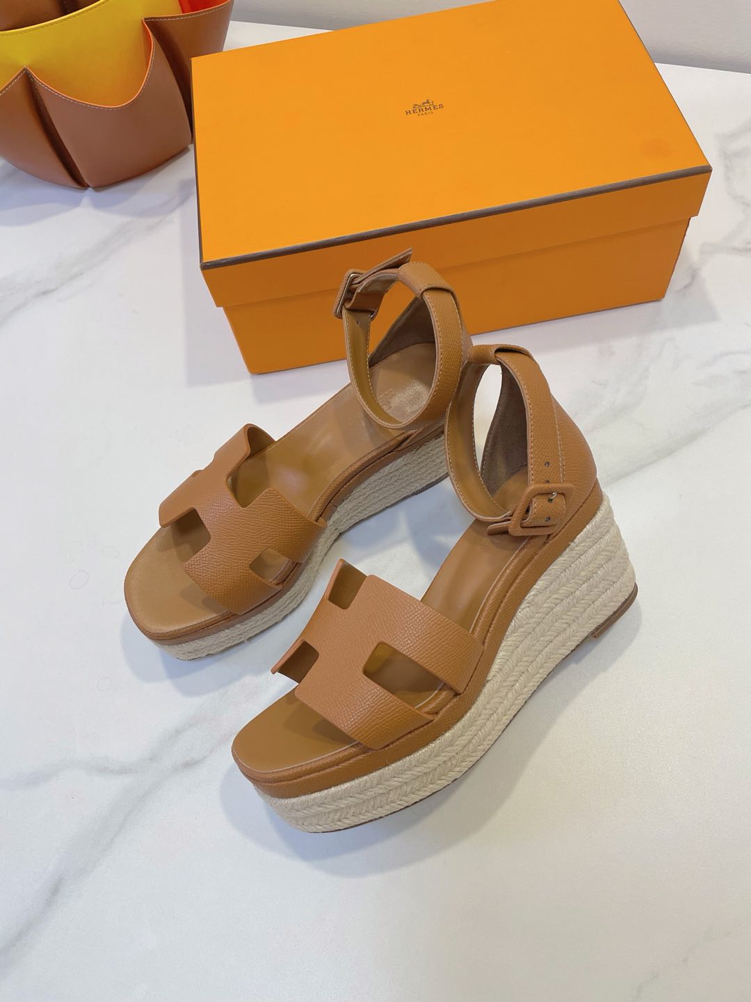 HM 26S ESPADRILLE WEDGE SANDALS IN BROWN CALFSKIN