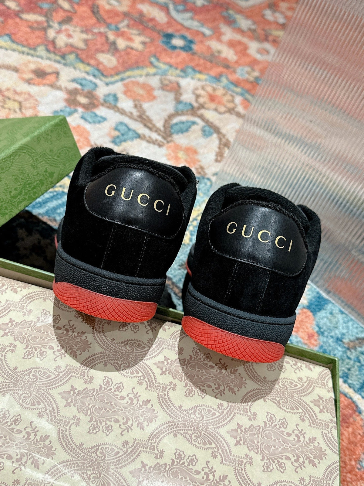 GUCCI 26S SCREENER SNEAKER IN BLACK AND RED GG CANVAS