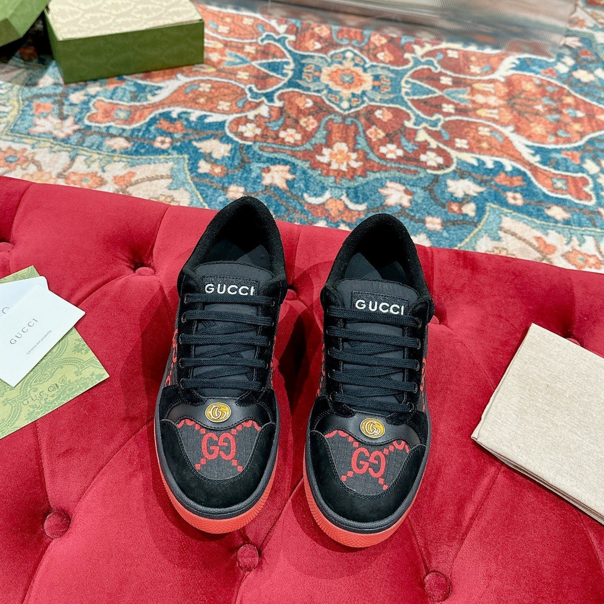 GUCCI 26S SCREENER SNEAKER IN BLACK AND RED GG CANVAS