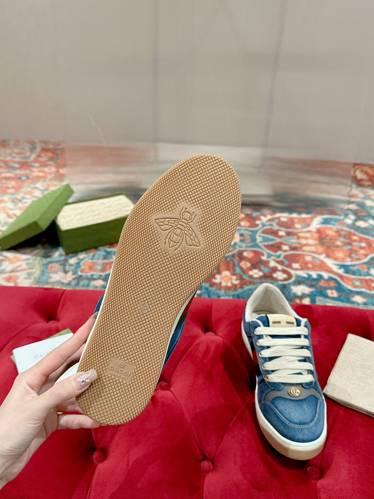 GUCCI 26S SCREENER SNEAKER IN BLUE DENIM AND LEATHER