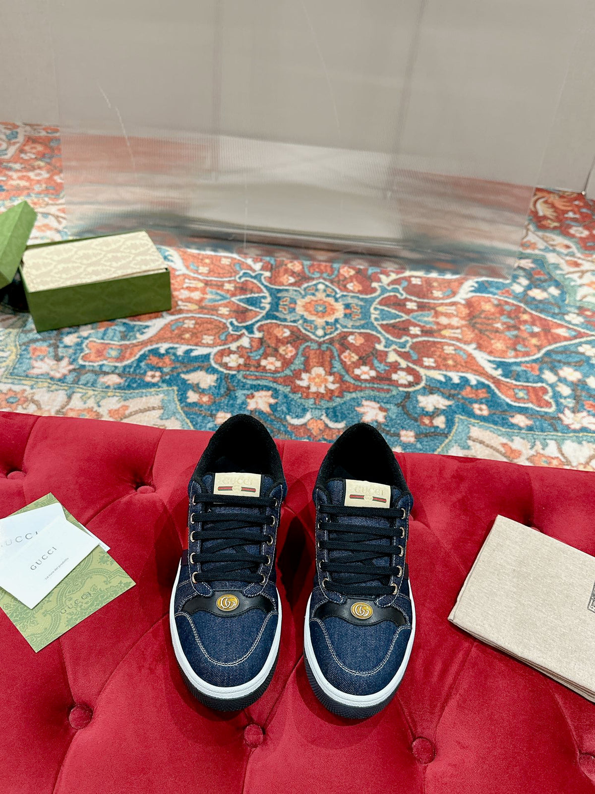 GUCCI 26S SCREENER SNEAKER IN DARK BLUE DENIM AND LEATHER