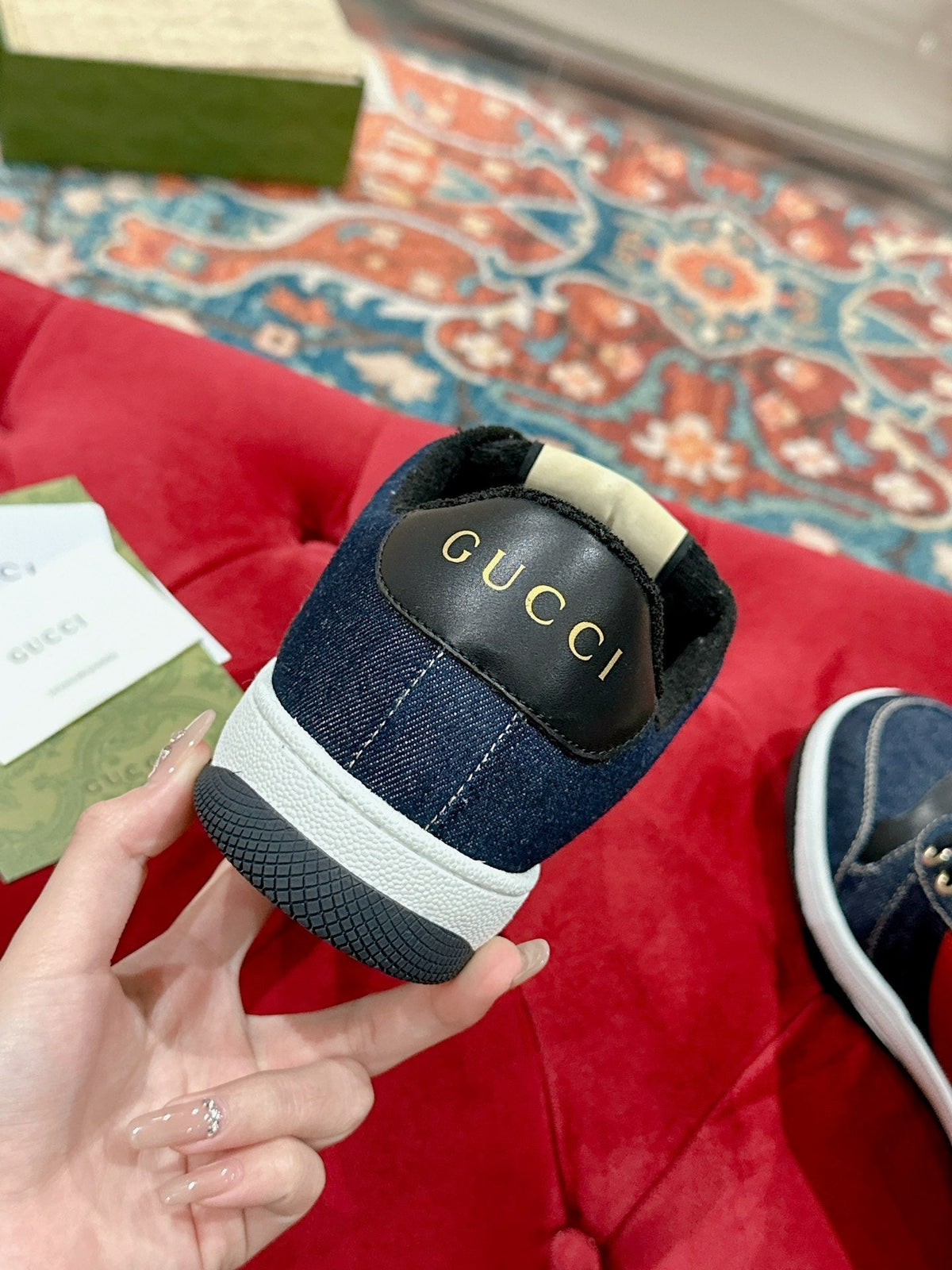 GUCCI 26S SCREENER SNEAKER IN DARK BLUE DENIM AND LEATHER